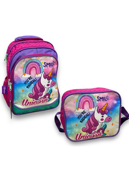 3 Gözlü Beslenmeli Ilkokul Çantası – Pembe – Unicorn (Ortapedik Sırt Destekli)