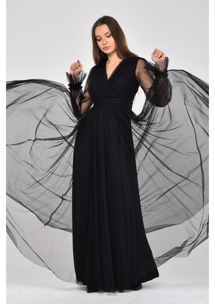 Önü Kruvaze Uzun Kol Esnek Tül Abiye Elbise modelleri