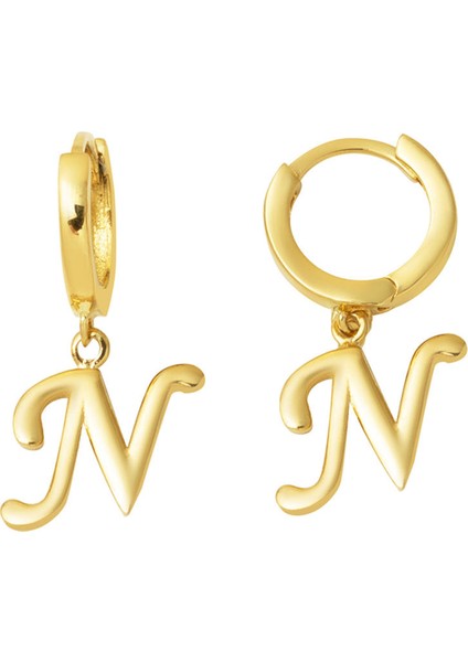 N Harfi Halka Altın Küpe 14 Ayar