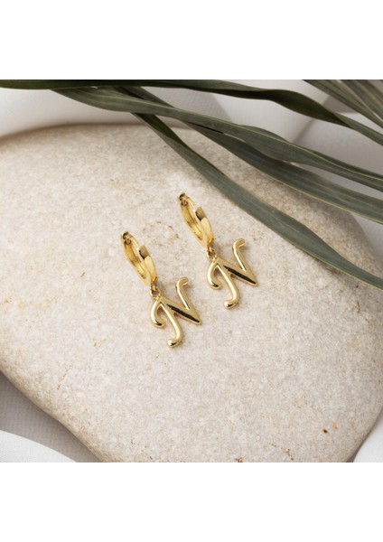 N Harfi Halka Altın Küpe 14 Ayar modelleri