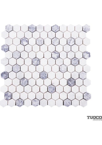 1’’ Hexagon Muğla Beyazı - Gümüş Eskitme Mermer Mozaik