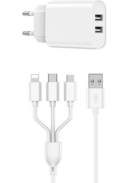 WI-U003 2.1A Çift USB Çıkışlı Hızlı Şarj Seti 3in1 Kablolu Type-C/lightning/micro