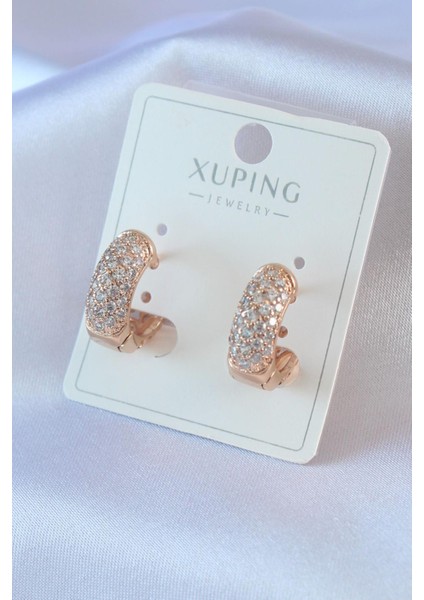 E-Bijuteri Gold Renk Zirkon Taşlı Küçük Halka Model Xuping Kadın Küpe