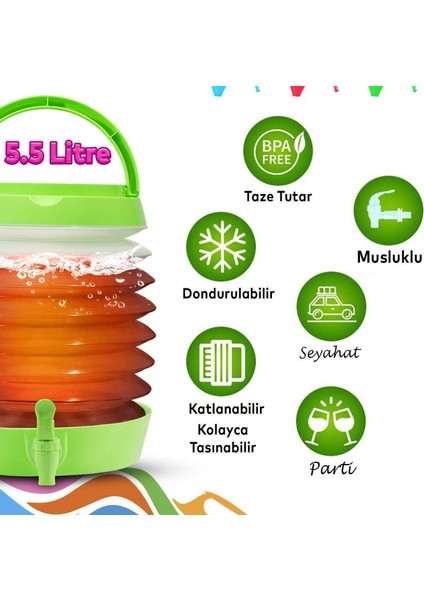 Pratik Su Sebili Taşınabilir Katlanabilir Termos Çeşmeli Körüklü 5.5 Litre Piknik Kamp Su Ayran Meşrubat Içecek Bidonu Yeşil