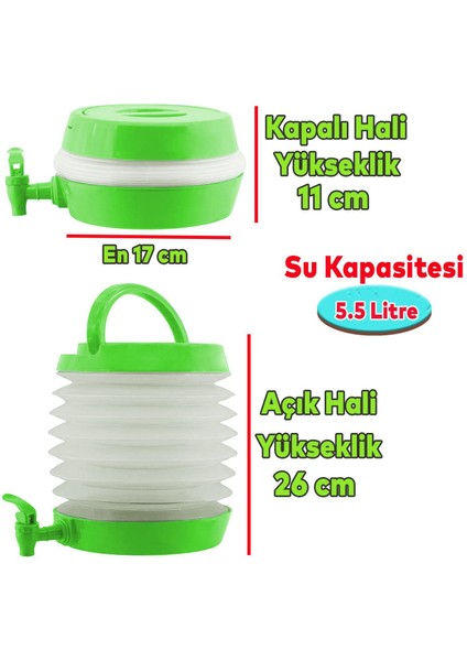 Pratik Su Sebili Taşınabilir Katlanabilir Termos Çeşmeli Körüklü 5.5 Litre Piknik Kamp Su Ayran Meşrubat Içecek Bidonu Yeşil