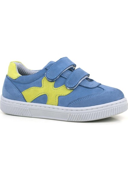 Hakiki Deri Mavi Yeşil Cırtlı Çocuk Spor Ayakkabı