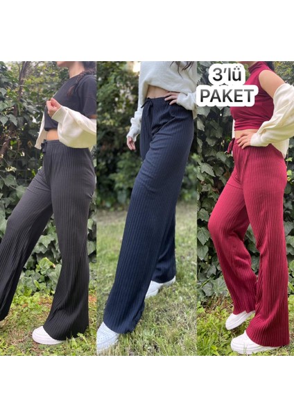 3'lü Paket Kadın Fitilli Çizgili Penye Raporlu Pamuklu Pijama Altı Eşofman Bebe Mavisi Gri Lila fiyatları