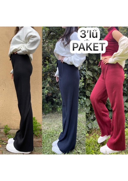 3'lü Paket Kadın Fitilli Çizgili Penye Raporlu Pamuklu Pijama Altı Eşofman Bebe Mavisi Gri Lila modelleri