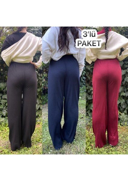 3'lü Paket Kadın Fitilli Çizgili Penye Raporlu Pamuklu Pijama Altı Eşofman Bebe Mavisi Gri Lila fırsatları