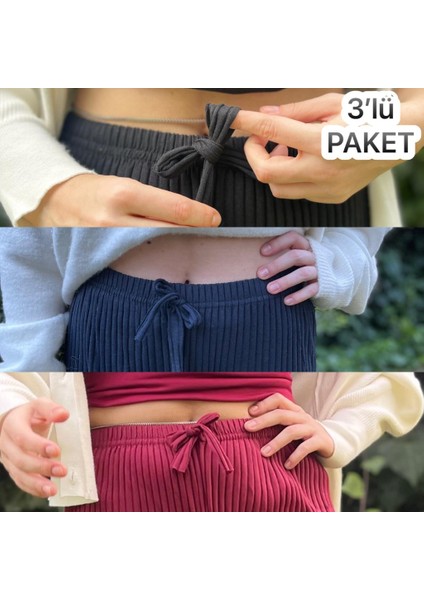 3'lü Paket Kadın Fitilli Çizgili Penye Raporlu Pamuklu Pijama Altı Eşofman Bebe Mavisi Gri Lila indirimleri