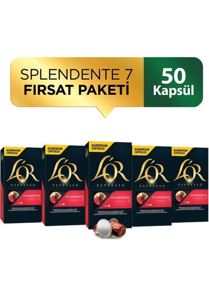 L'OR Splendente Intensity 7 Nespresso Uyumlu Alüminyum Kapsül Kahve Fırsat Paketi 10 Adet x 5 Paket