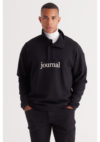 Erkek Siyah Loose Fit Dik Bato Yaka Içi Polarlı 3 Iplik Baskılı Sweatshirt