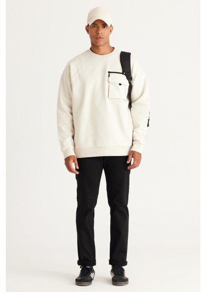 Erkek Bej Oversize Bol Kesim Içi Polarlı Iplik Bisiklet Yaka %100 Pamuk Sweatshirt