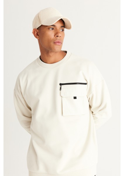 Erkek Bej Oversize Bol Kesim Içi Polarlı Iplik Bisiklet Yaka %100 Pamuk Sweatshirt