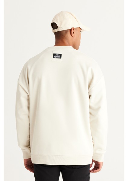 Erkek Bej Oversize Bol Kesim Içi Polarlı Iplik Bisiklet Yaka %100 Pamuk Sweatshirt