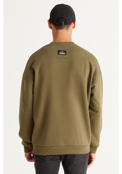 Erkek Haki Oversize Bol Kesim Içi Polarlı Iplik Bisiklet Yaka %100 Pamuk Sweatshirt