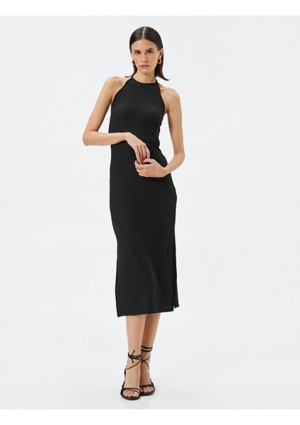 Triko Elbise Midi Halter Yaka Yırtmaçlı
