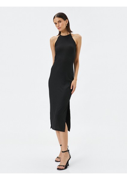 Triko Elbise Midi Halter Yaka Yırtmaçlı