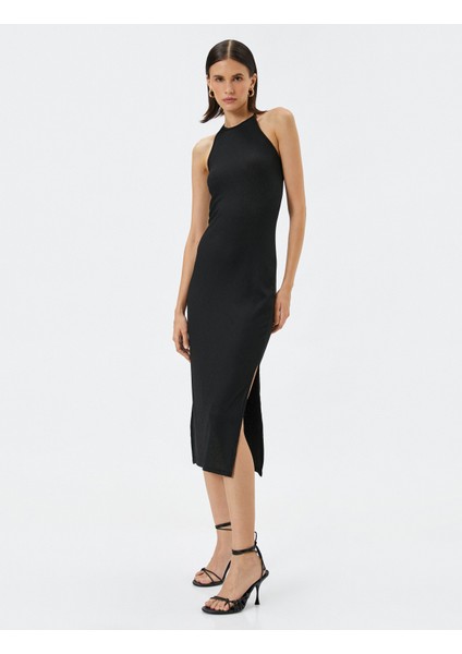 Triko Elbise Midi Halter Yaka Yırtmaçlı