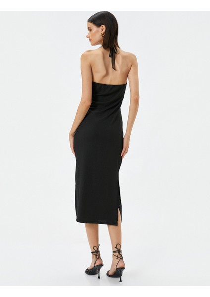 Triko Elbise Midi Halter Yaka Yırtmaçlı