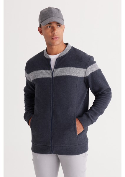 Erkek Indigo Melanj Oversize Fit Bol Kesim Içi Polarlı 3 Iplik Kolej Yaka Pamuklu Sweatshirt Ceket