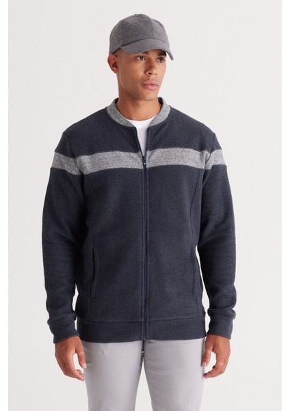 Erkek Indigo Melanj Oversize Fit Bol Kesim Içi Polarlı 3 Iplik Kolej Yaka Pamuklu Sweatshirt Ceket
