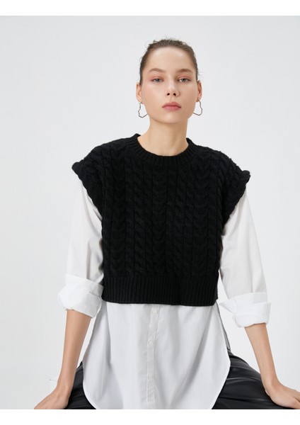 Triko Süveter Detaylı Tunik Çift Kumaş Uzun Kollu Yuvarlak Yaka