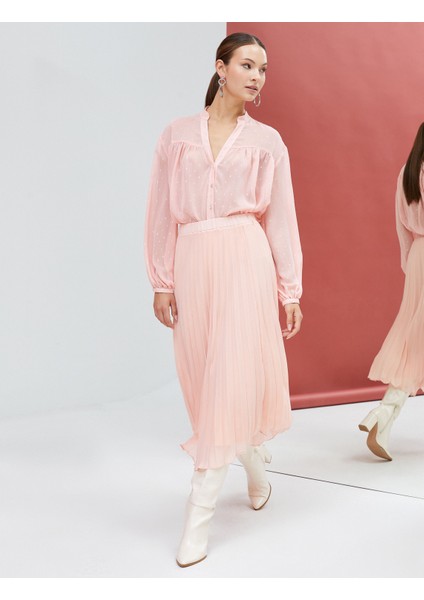 Şifon Gömlek Hakim Yaka Sim Detaylı Düğmeli Uzun Kollu