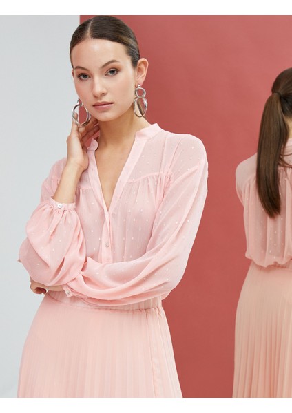 Şifon Gömlek Hakim Yaka Sim Detaylı Düğmeli Uzun Kollu fiyatları