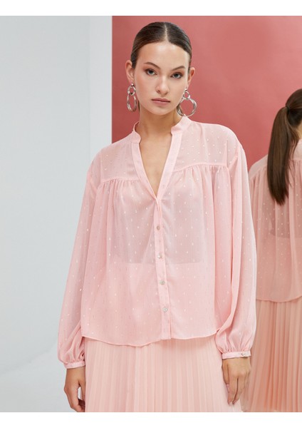 Şifon Gömlek Hakim Yaka Sim Detaylı Düğmeli Uzun Kollu modelleri