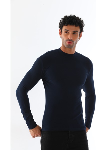 Erkek Dik Yaka Slim Fit Pamuk Likra Tişört-Lacivert