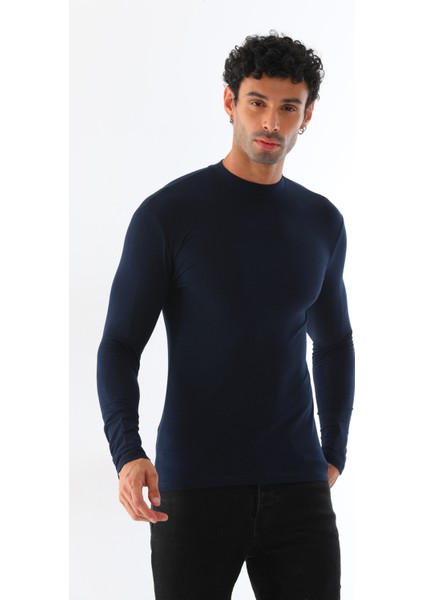 Erkek Dik Yaka Slim Fit Pamuk Likra Tişört-Lacivert fiyatları