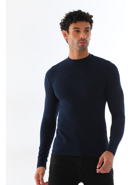 Erkek Dik Yaka Slim Fit Pamuk Likra Tişört-Lacivert modelleri