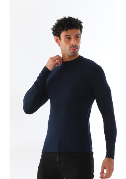 Erkek Dik Yaka Slim Fit Pamuk Likra Tişört-Lacivert fırsatları