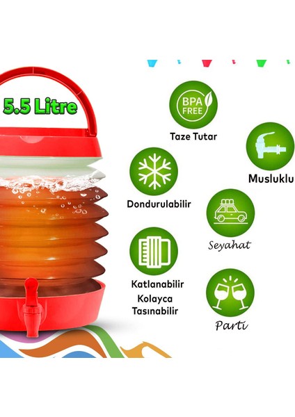 Su Sebili Pratik Katlanabilir Termos Çeşmeli Körüklü 5.5 Litre Piknik Kamp Su Ayran Meşrubat Içecek Bidonu Kırmızı