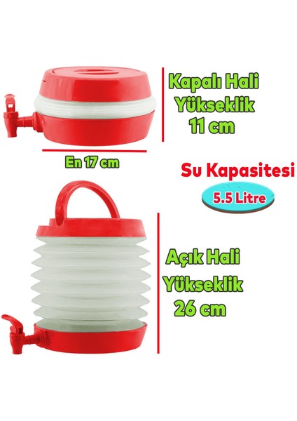 Su Sebili Pratik Katlanabilir Termos Çeşmeli Körüklü 5.5 Litre Piknik Kamp Su Ayran Meşrubat Içecek Bidonu Kırmızı