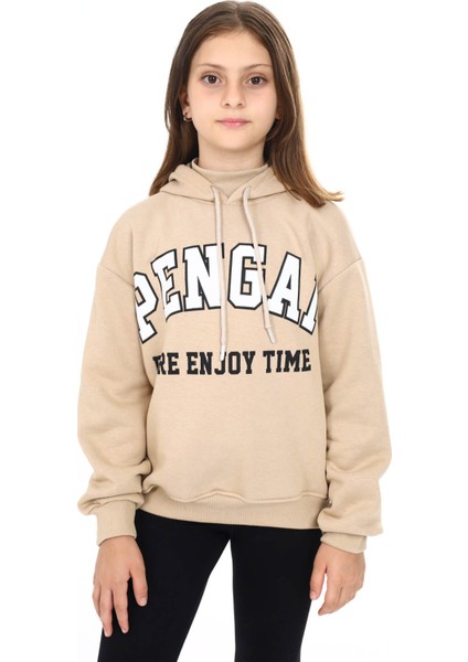 Krem Pengai Yazı Baskı Polarlı Kız Çocuk Sweatshirt 16462