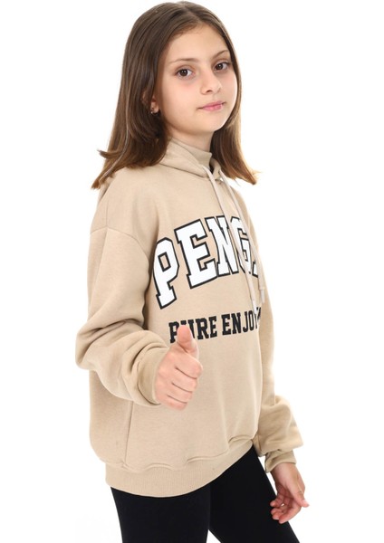 Krem Pengai Yazı Baskı Polarlı Kız Çocuk Sweatshirt 16462