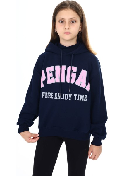 Lacivert Pengai Yazı Baskı Polarlı Kız Çocuk Sweatshirt 16466