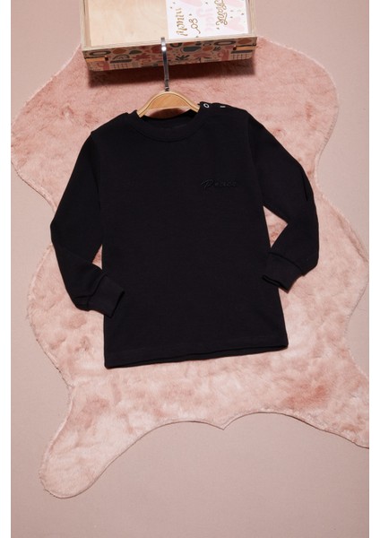 Siyah Yazı Nakışlı Kız Çocuk Çıtçıtlı Sweatshirt 16420