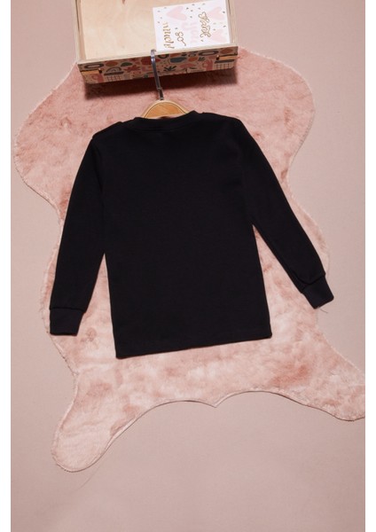 Siyah Yazı Nakışlı Kız Çocuk Çıtçıtlı Sweatshirt 16420 modelleri