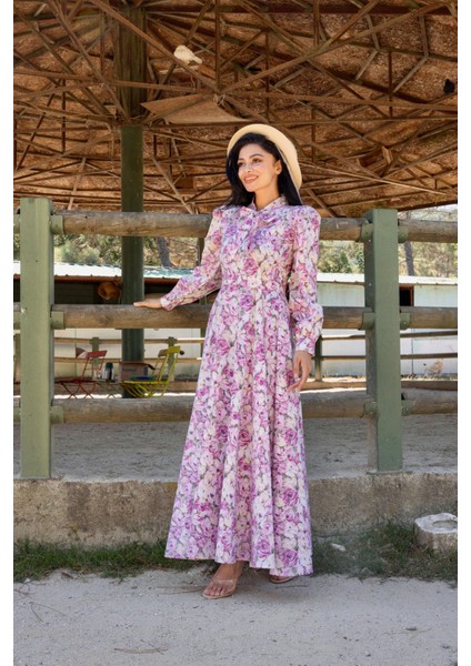 Tesettür Pembe Pastel Çiçekli Boyundan Bağlamalı Kloş Elbise modelleri