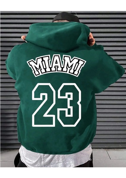 Büyük Beden Özel Tasarım Kapüşonlu Miami Sırt Baskılı 3 Iplik Şardonlu Pamuk Oversize Erkek Sweatshırt