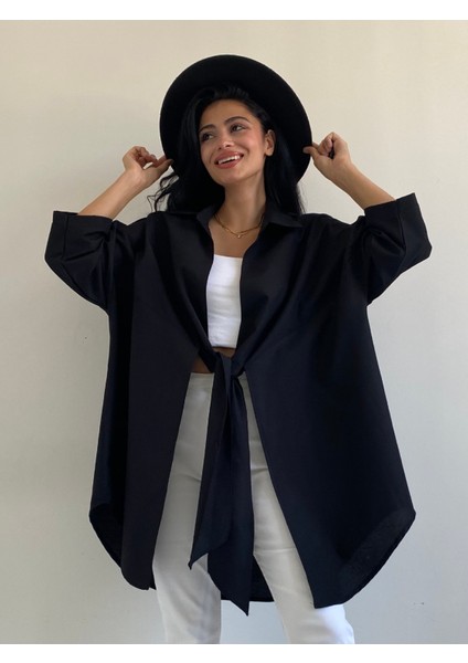 Siyah Yakalı Önden Bağlamalı Salaş Poplin gömlek