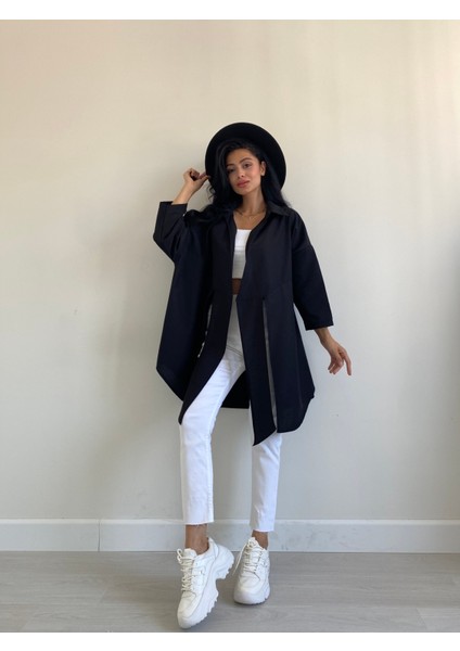 Siyah Yakalı Önden Bağlamalı Salaş Poplin gömlek fiyatları