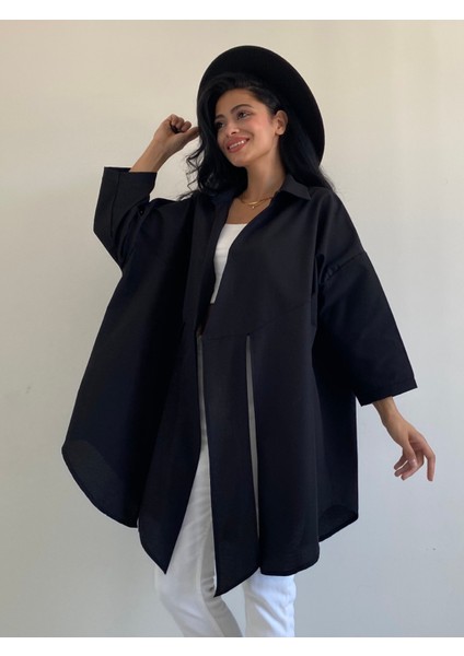 Siyah Yakalı Önden Bağlamalı Salaş Poplin gömlek fırsatları