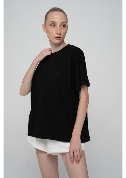 Pamuk Oversize/geniş Kalıp Bisiklet Yaka Örme T-Shirt