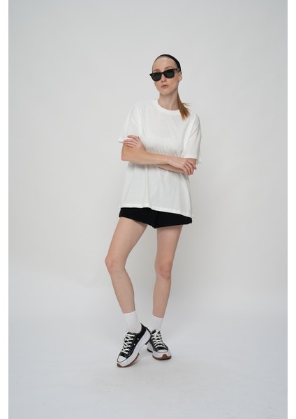 Pamuk Oversize/geniş Kalıp Bisiklet Yaka Örme T-Shirt