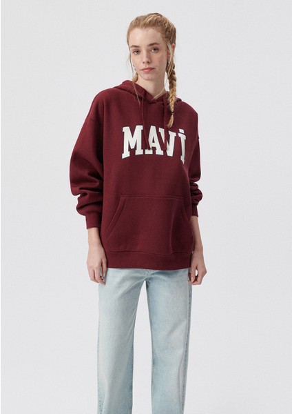 Kadın Mavi Logo Baskılı Kapüşonlu Bordo Sweatshirt 1600361-85493