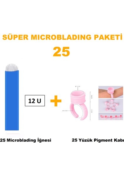 Microblading İğnesi ve Pigment Kabı Seti 12U Mavi 25 Adet